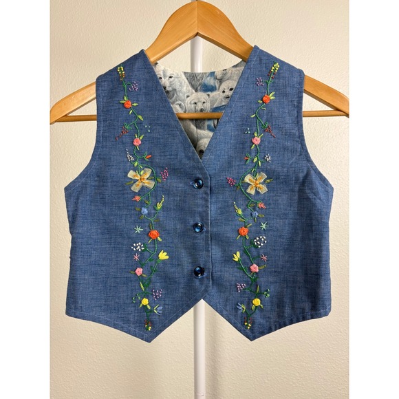 Handmade Other - Kids Blue Reversible Vest Floral Embroidery Arctic Animal Polar Bear Print